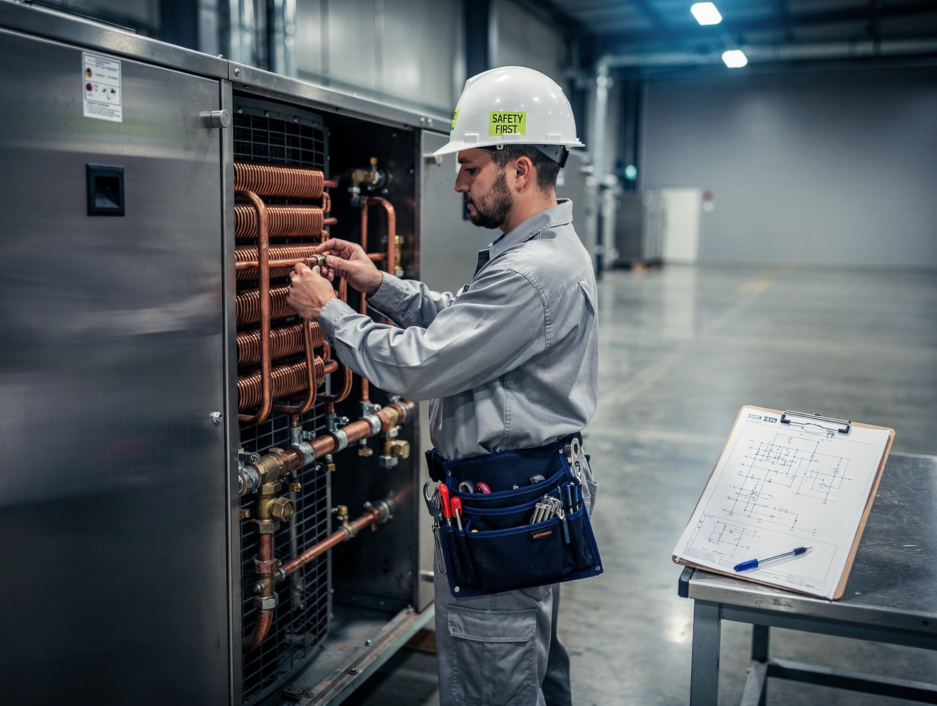 Technician testing refrigeration compressor and sealed system components