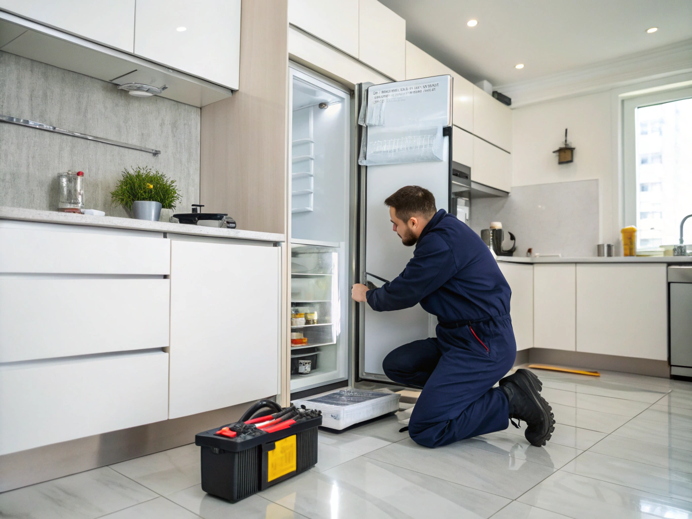 Technician testing refrigerator defrost heating element and sensors