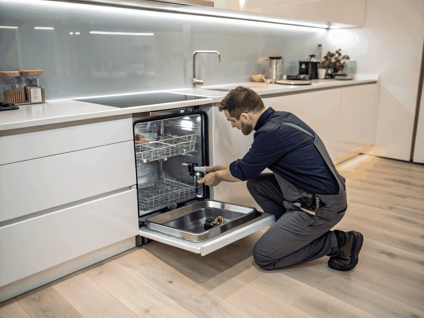 Technician repairing lower spray arm and pump module in dishwasher