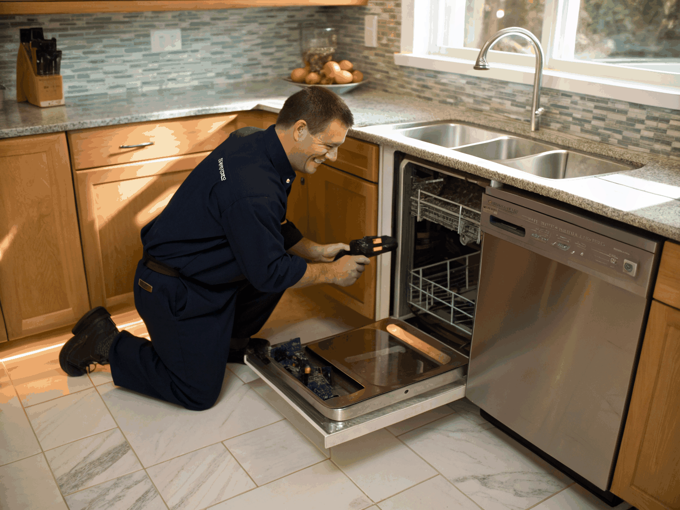 Professional technician inspecting a modern stainless steel dishwasher in Lithonia Georgia