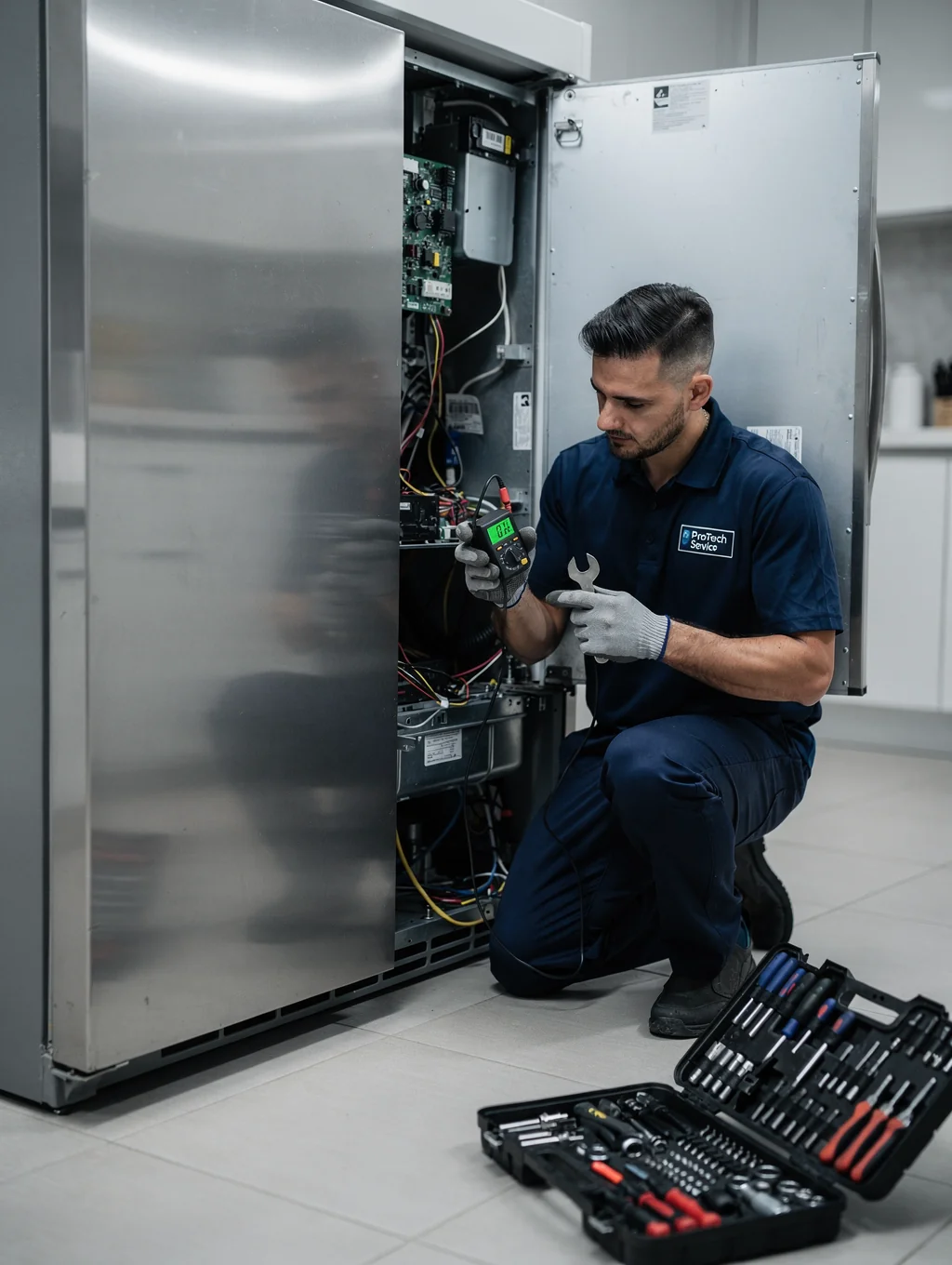 Technician servicing a modern GE kitchen appliance in Lithonia GA