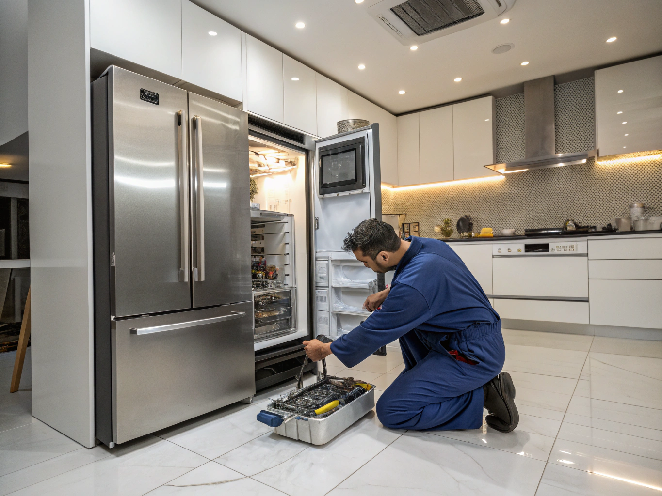 Technician repairing leaking refrigerator ice maker in Lithonia kitchen