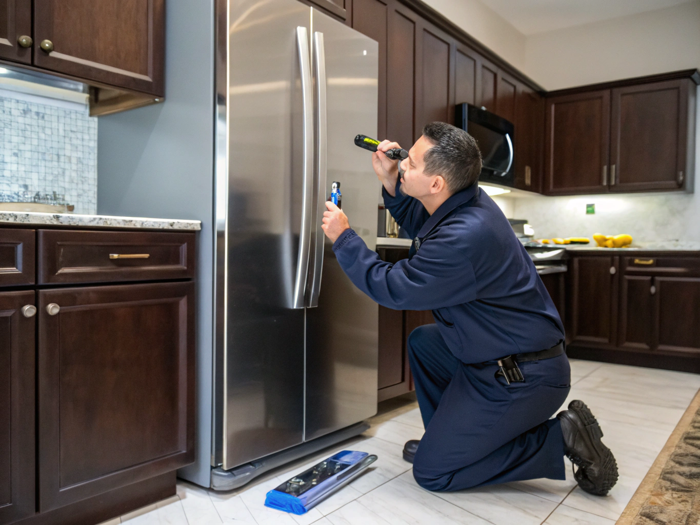 Technician inspecting an ice maker assembly mechanism in a refrigerator