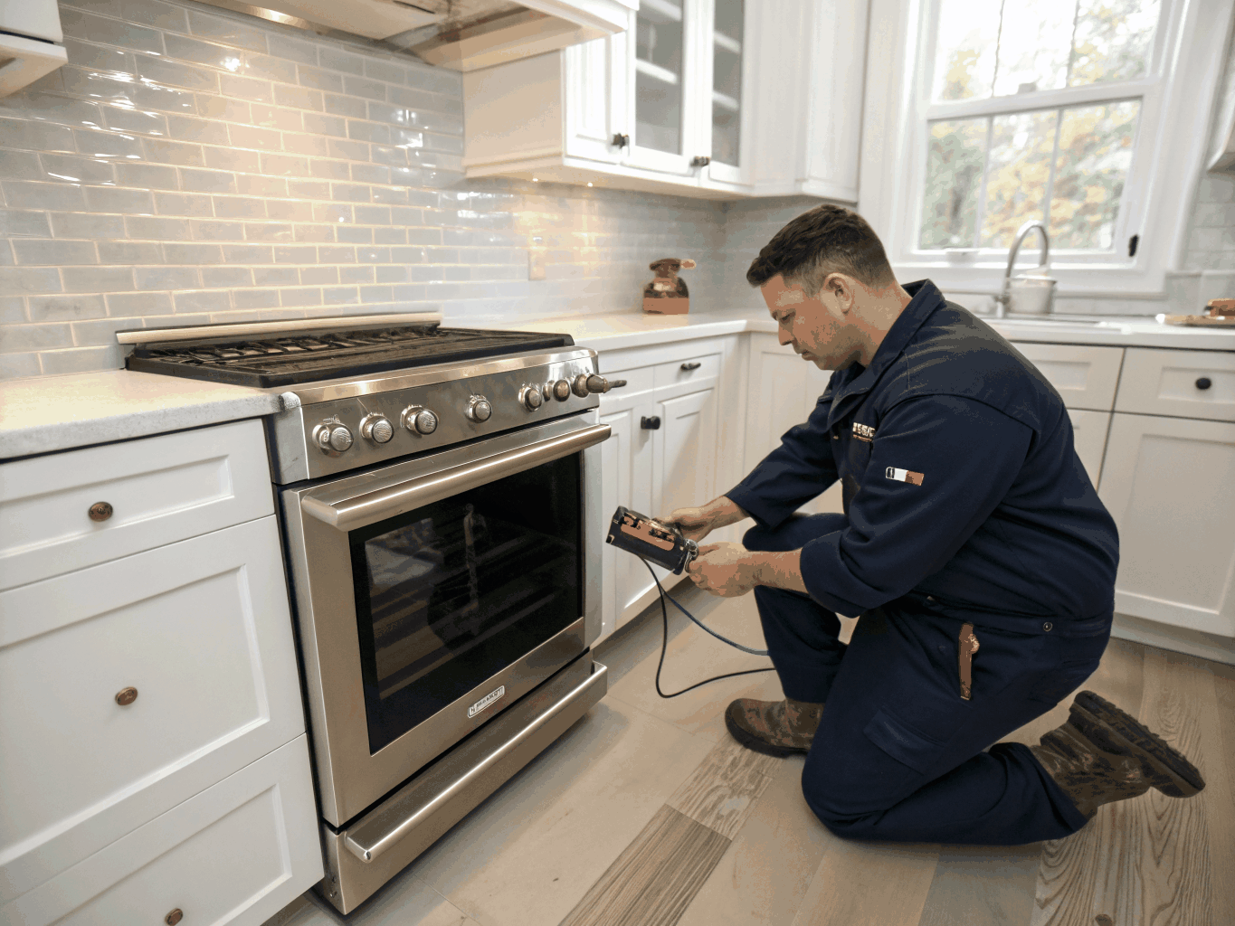 Professional kitchen range and oven repair technician servicing kitchen appliances in Lithonia GA