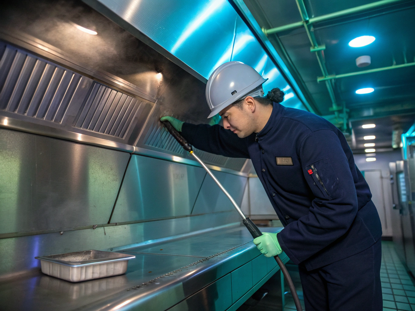 Technician performing preventative coil and safety maintenance on kitchen appliances