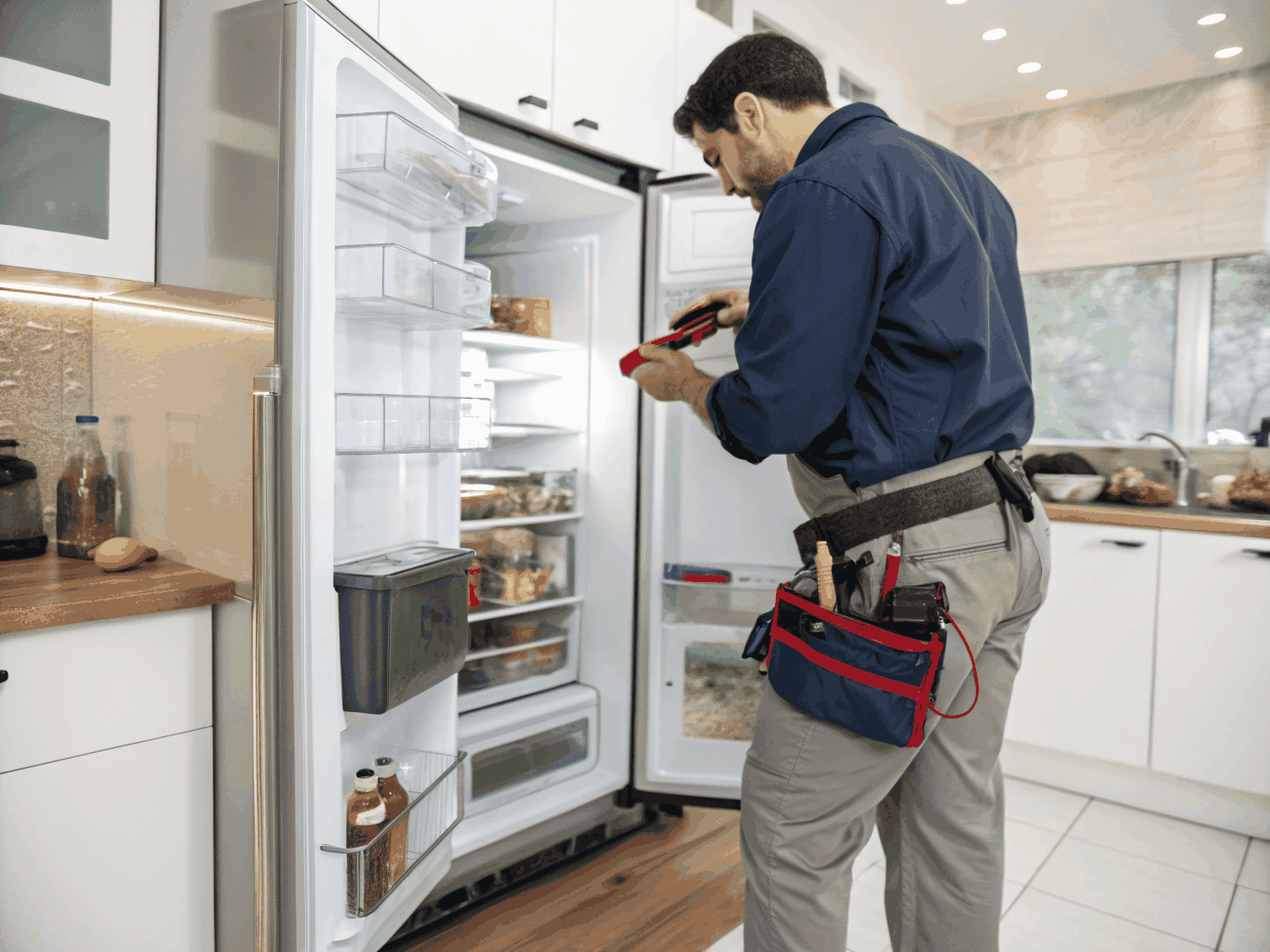 Technician inspecting a modern French door refrigerator in Lithonia GA