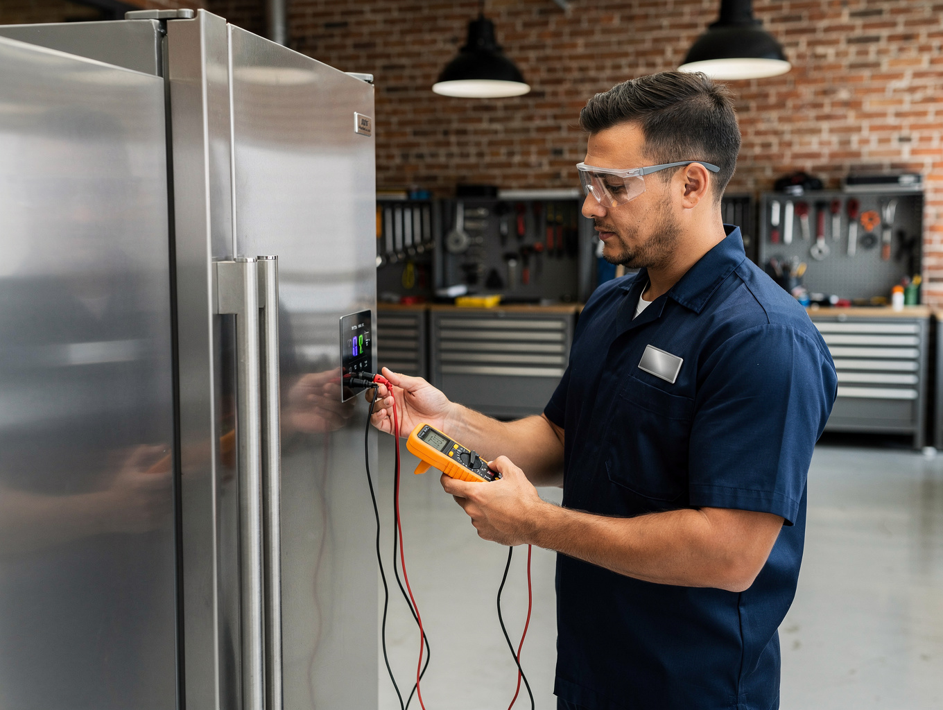 Certified technician fixing modern refrigerator cooling issues