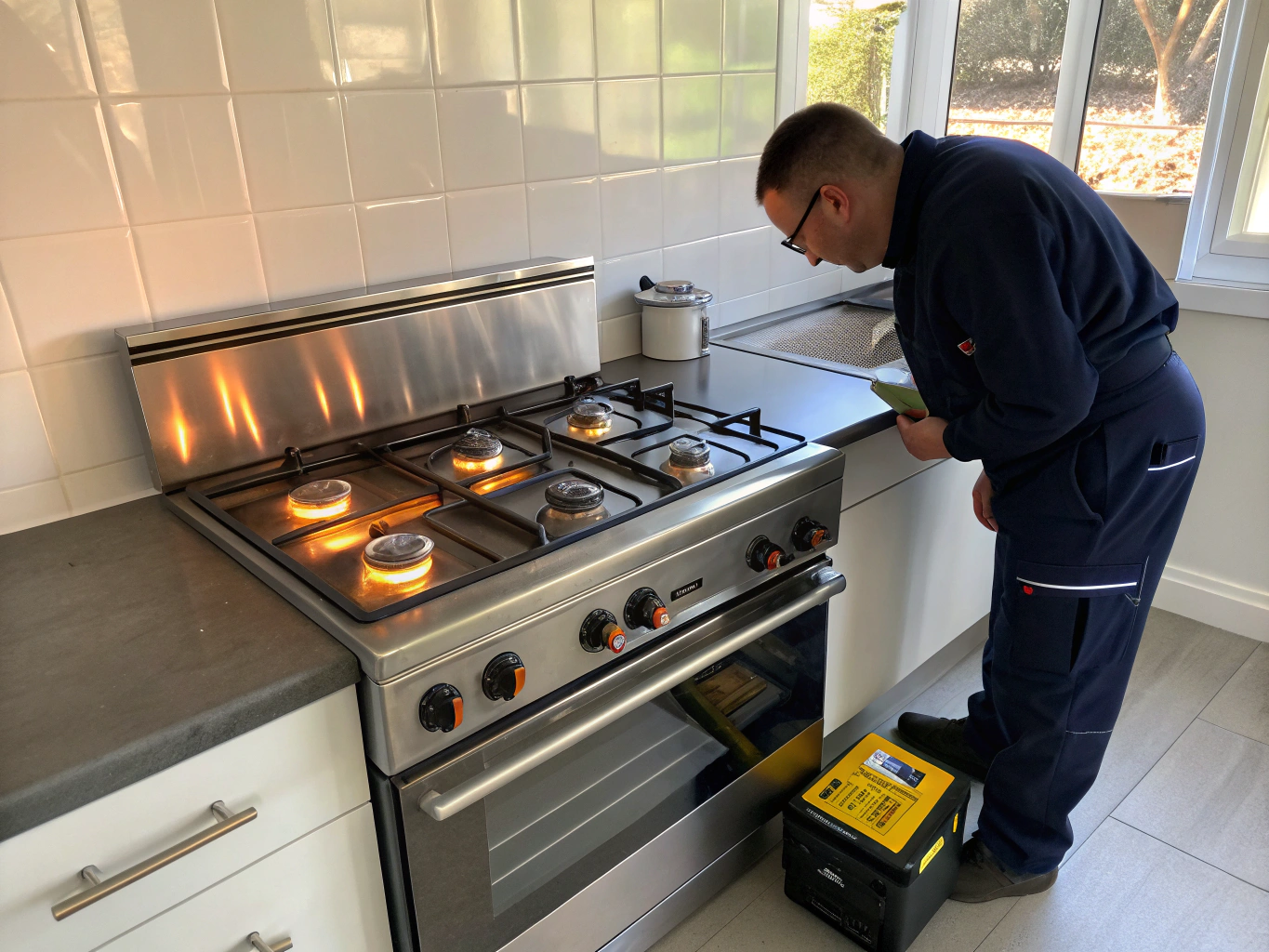Technician inspecting gas stove burner spark ignitor and flame ring