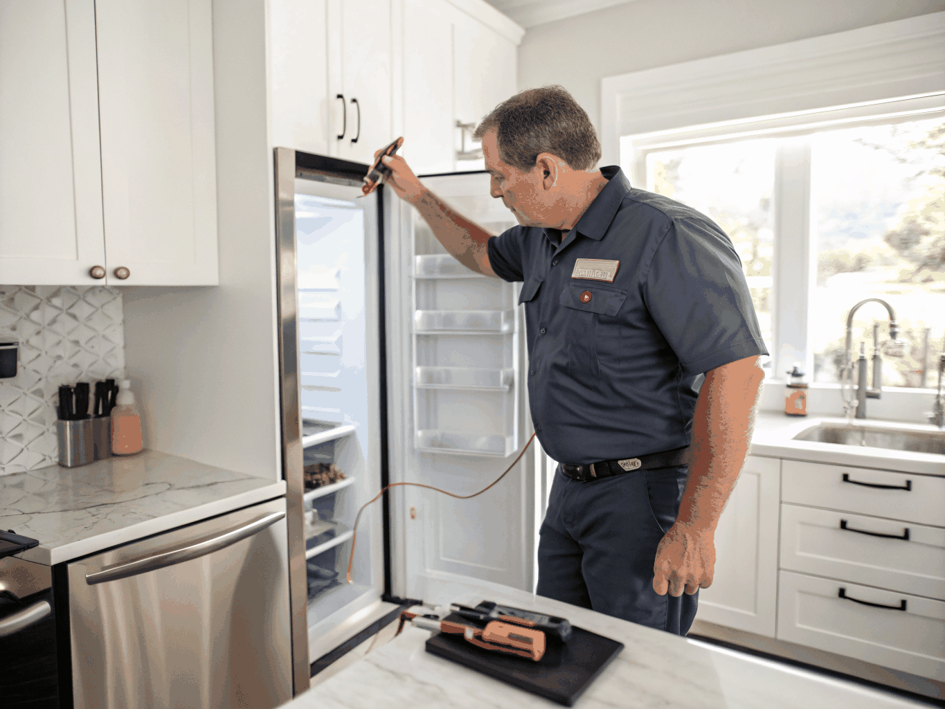 Certified appliance technician performing precision diagnostics