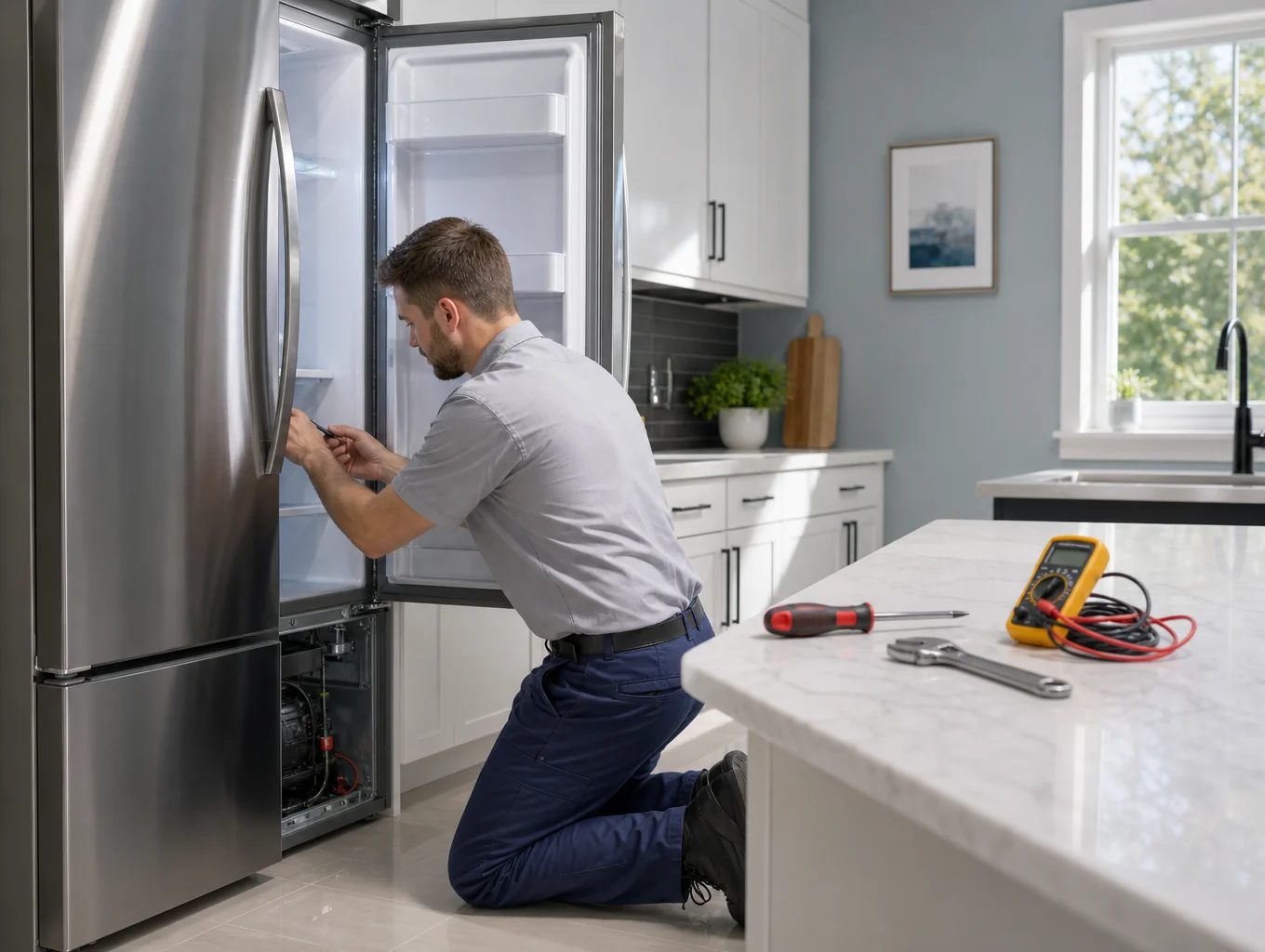 Certified appliance technician diagnosing an LG refrigerator in Lithonia GA