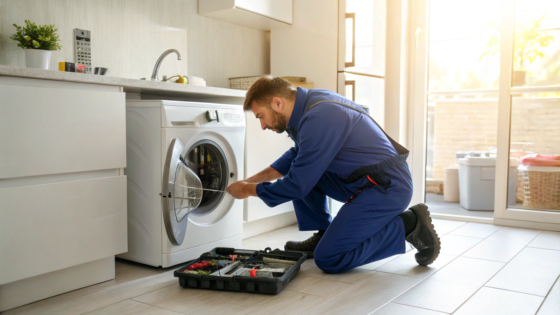 Technician inspecting appliance drainage pump and hose assembly