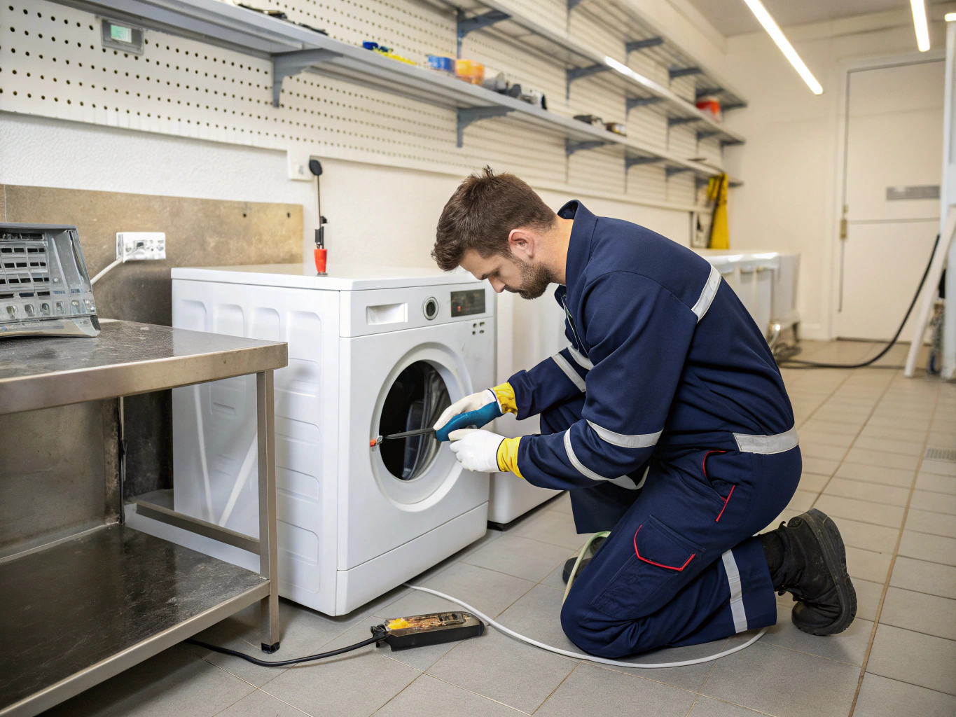 Technician inspecting washer drum and motor mechanism in Lithonia
