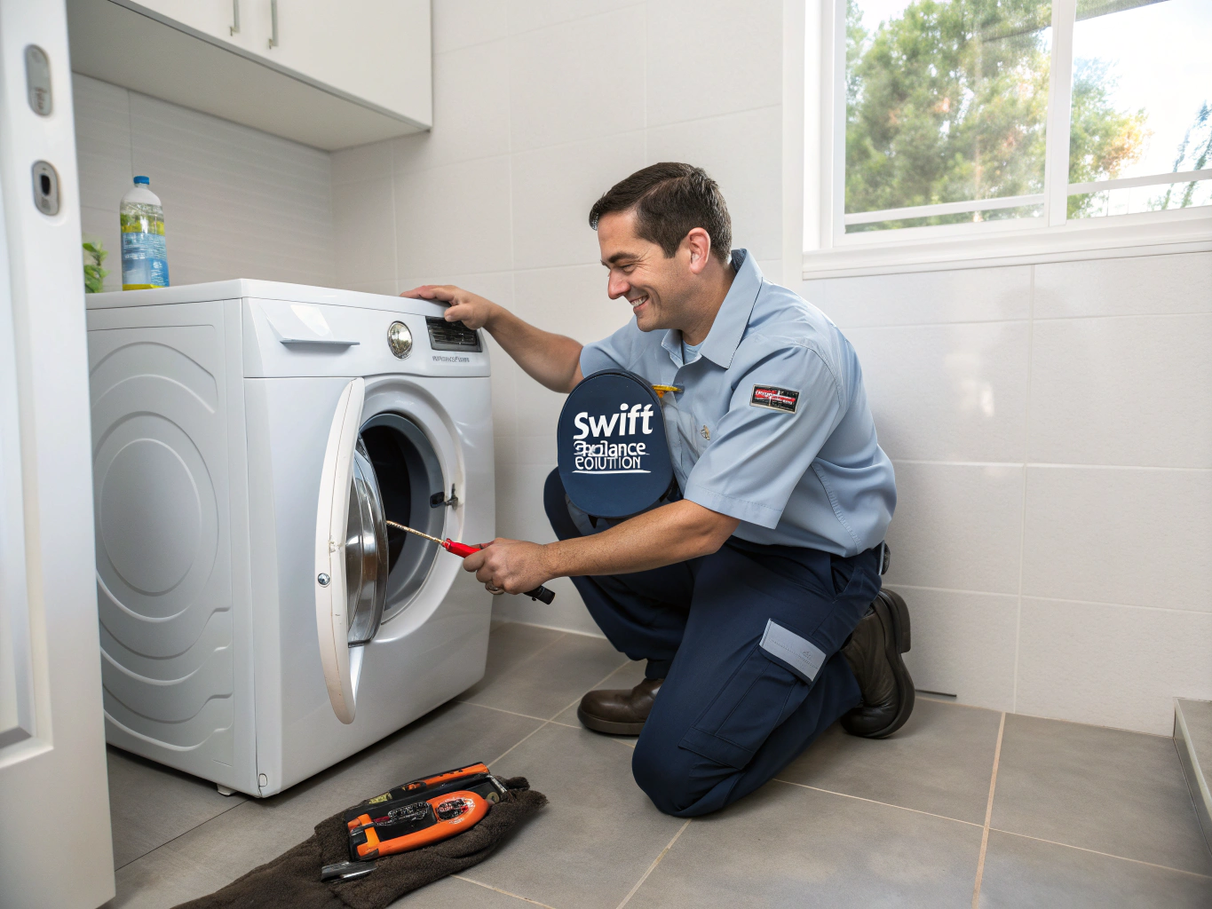 Technician inspecting a washing machine motor and drain pump assembly
